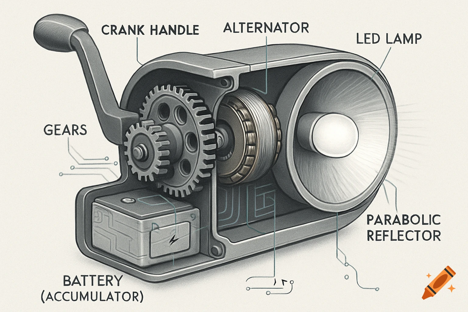 A cutaway technical diagram of a hand-crank dynamo flashlight, showing gears, alternator, battery, LED lamp, and parabolic reflector.