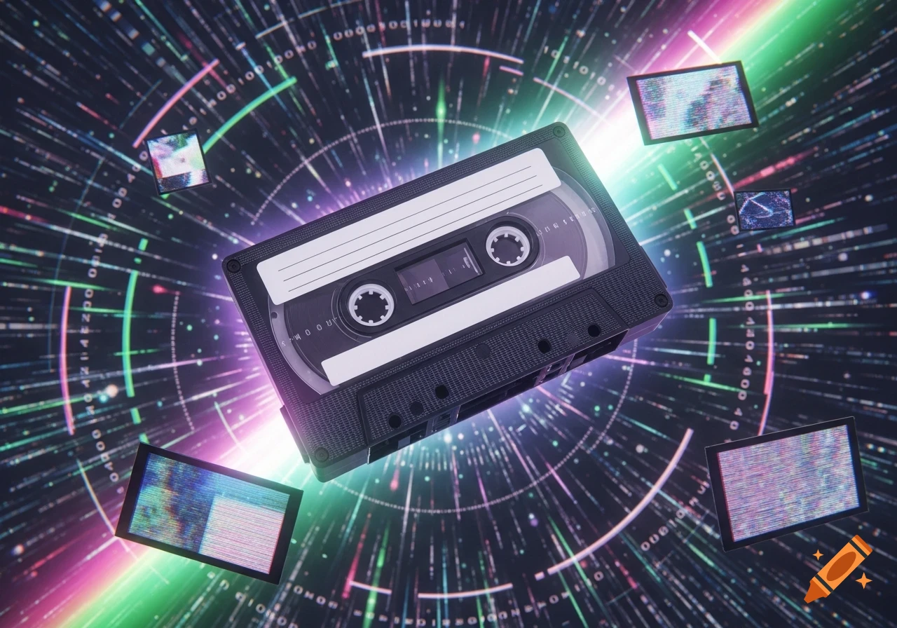 An audio cassette tape floats amidst glowing digital lines, binary code, and glitching screens in a dark, futuristic space.