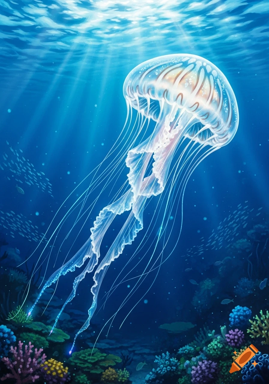 Vibrant translucent jellyfish in a deep blue ocean with sunbeams, coral reef, and small fish.