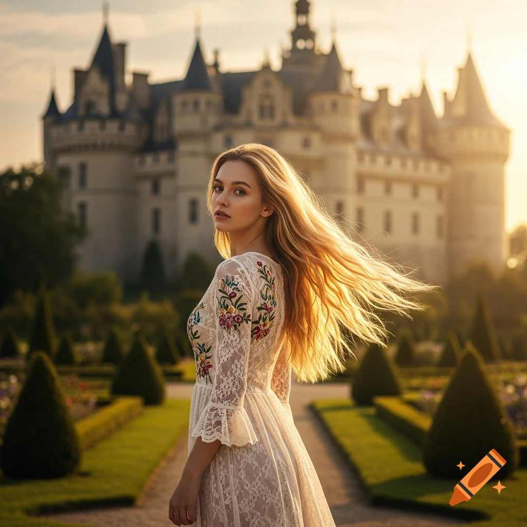 Young woman with flowing blonde hair in an embroidered white dress in a castle garden at sunset.