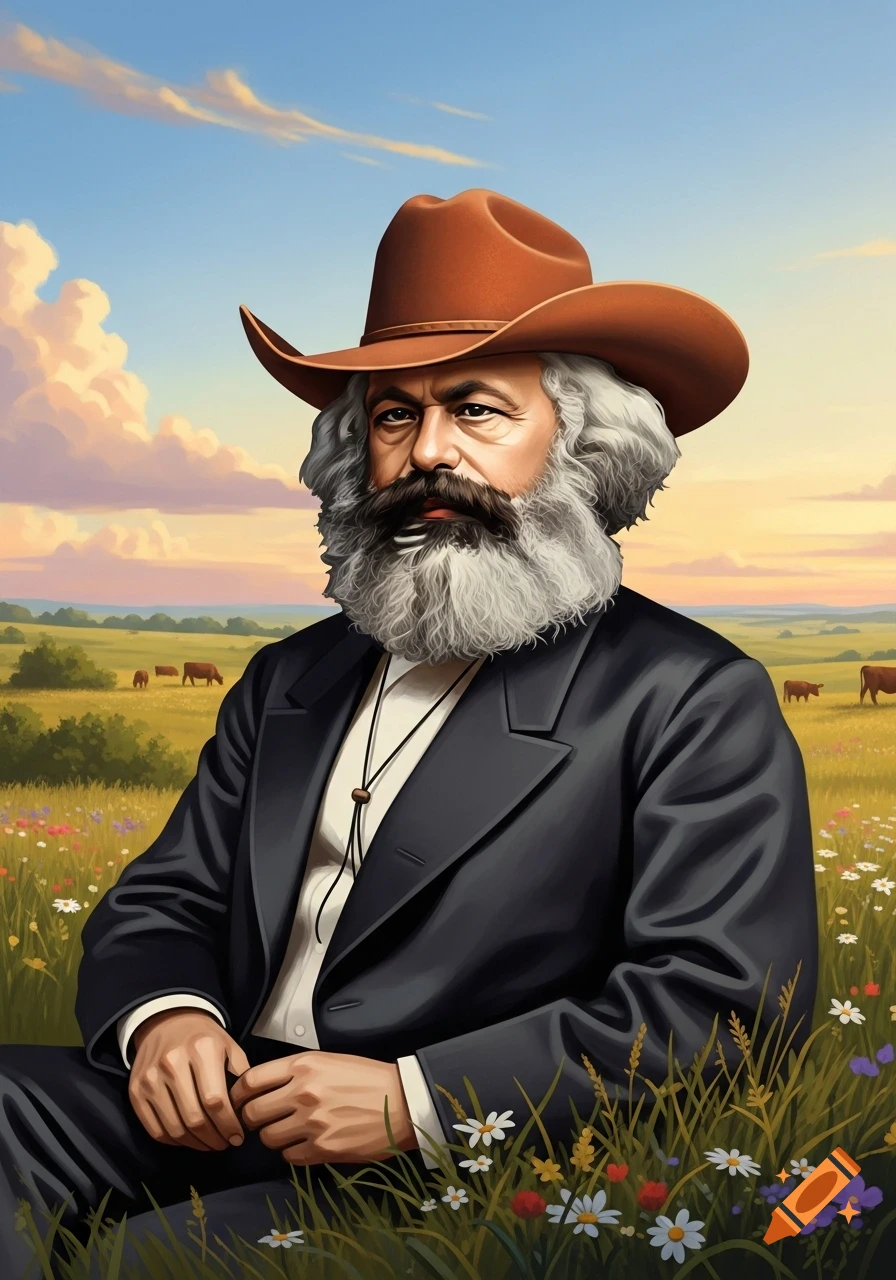 Stylized painting of Karl Marx in a cowboy hat and suit, sitting in a field of wildflowers with cows and a sunset sky.