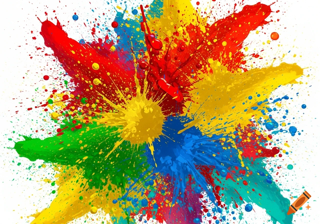 Vibrant, chaotic explosion of red, yellow, green, and blue paint splatters on a white background, with droplets and streaks.