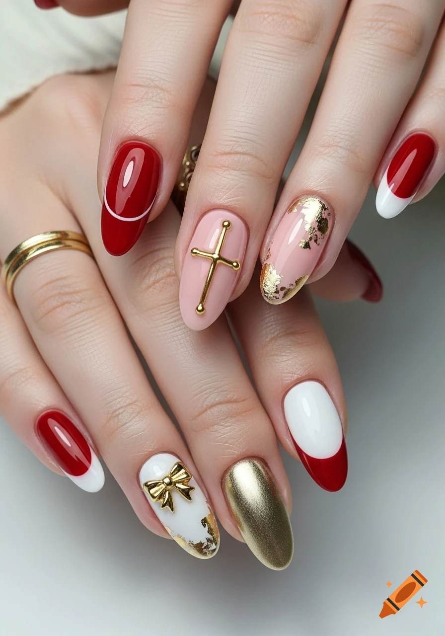 Close-up of hands with elegant winter nail art, featuring almond-shaped nails in red, pink, white, and gold with a cross, bow, and foil accents.