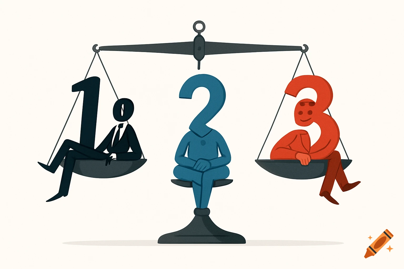 A stylized illustration of a scale with a black '1' figure on the left pan, a blue '2' figure in the middle, and a red '3' figure on the right pan.