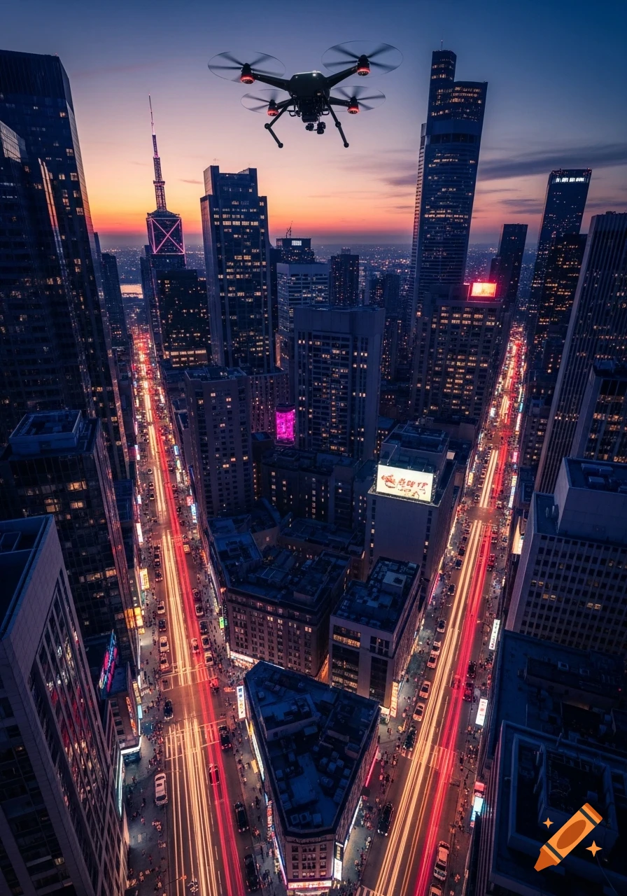 A drone hovers over a vibrant city at dusk, with illuminated skyscrapers and red light trails from traffic on the streets below in a photorealistic style.