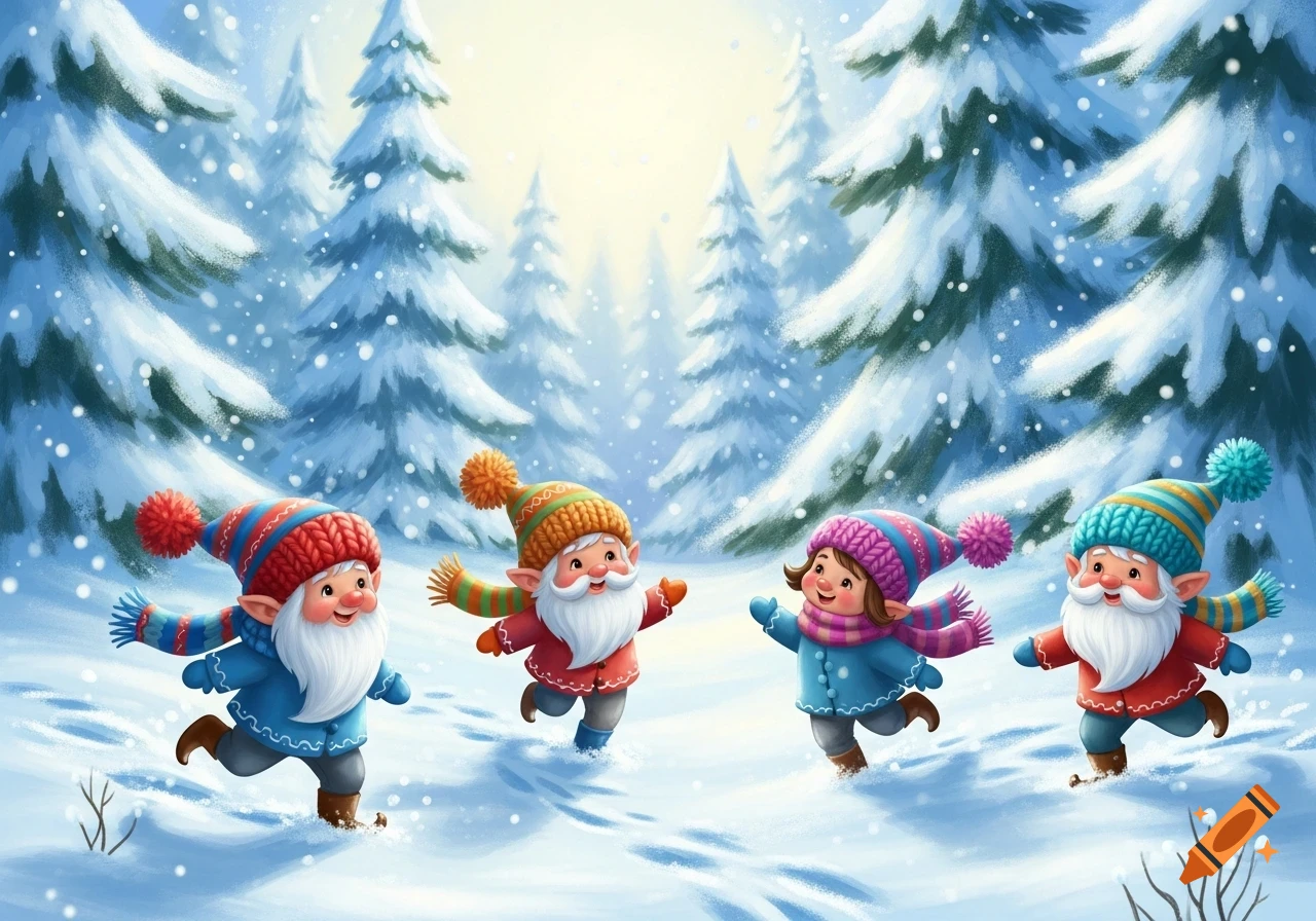 Four cheerful gnomes in colorful winter attire run through a snowy forest, with snow falling around pine trees, in a whimsical illustration style.