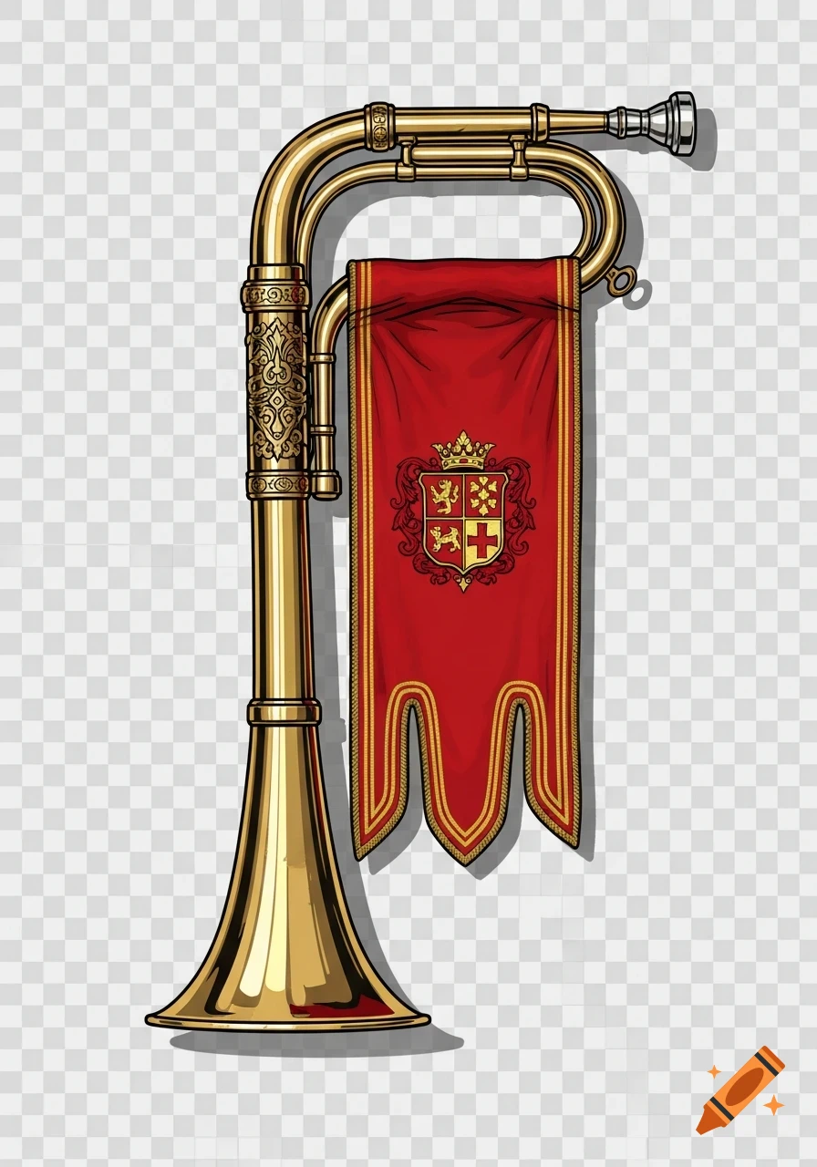 A stylized golden bugle with intricate details, featuring a red pennant adorned with a golden crowned coat of arms, on a transparent background.