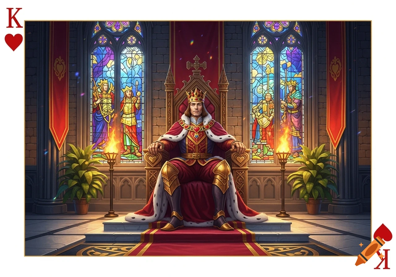 Illustration of the King of Hearts card with a regal king on a throne in a grand hall with stained glass windows.