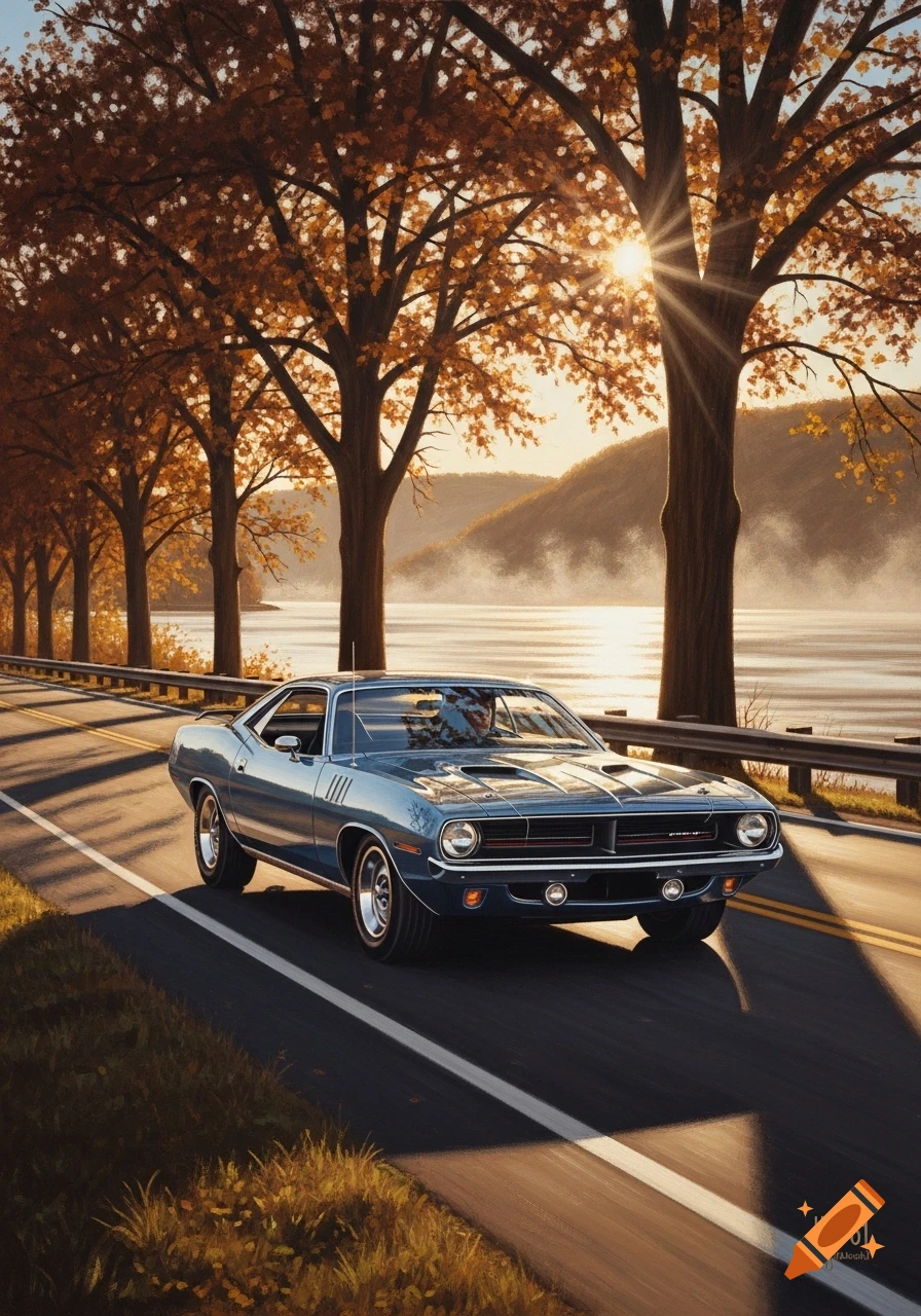 Oil painting of a blue 1970 Barracuda driving on U.S. 61 along a river with autumn trees and a sunset.