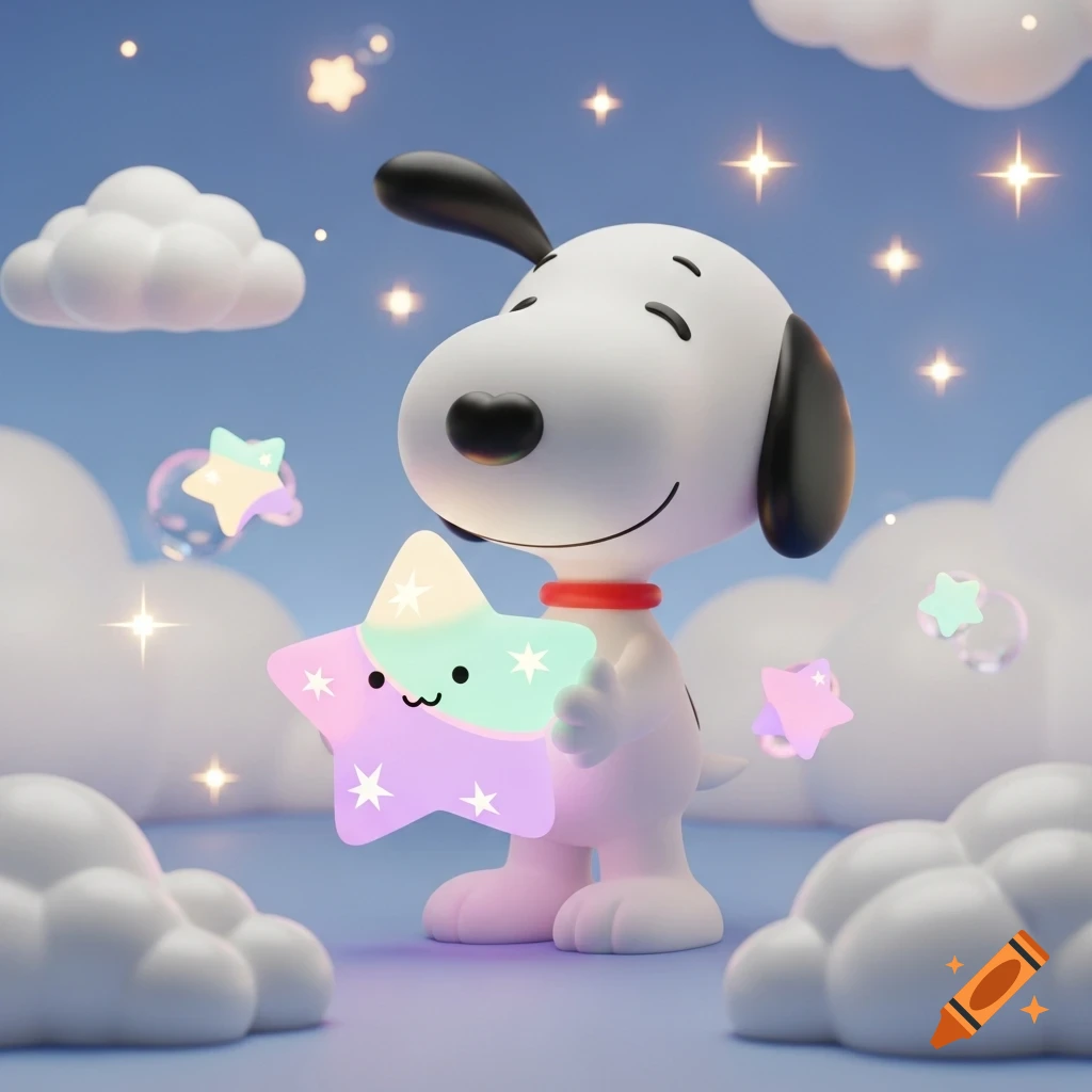 A cute 3D Snoopy holds a glowing pastel star amidst fluffy clouds and sparkling stars in a dreamy sky.