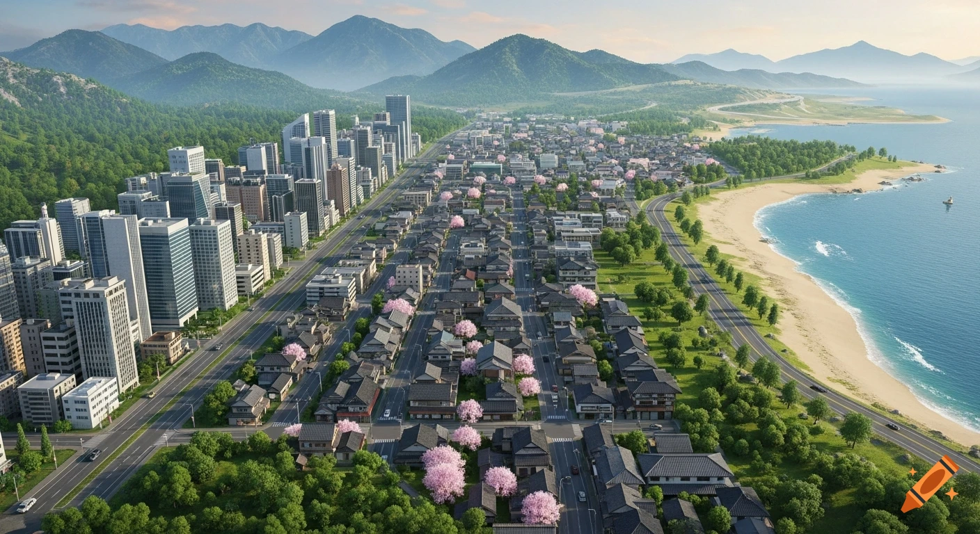Aerial view of a coastal city and traditional town nestled between mountains and a beach, with cherry blossoms and modern buildings.
