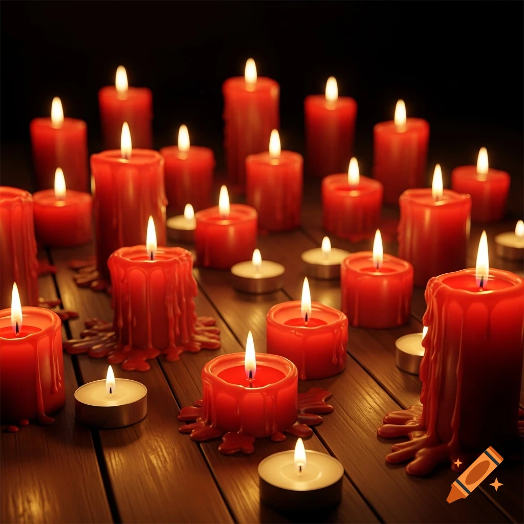 Many red burning candles, including pillar, votive, and tea light candles, with melted wax dripping onto a dark wooden surface, creating a warm glow.