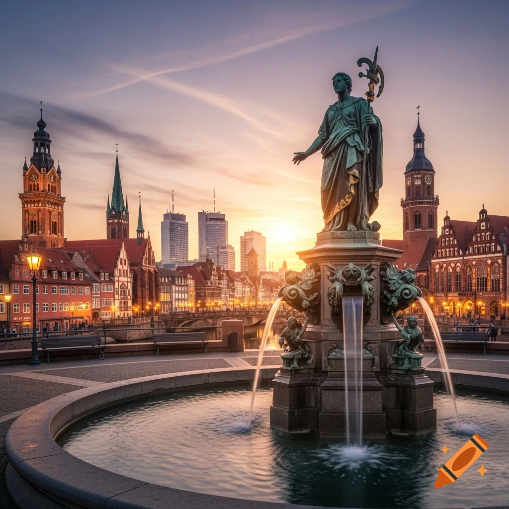 A majestic classical statue stands atop a multi-tiered fountain in a European city at sunset, with illuminated historic buildings and modern skyscrapers in the background.