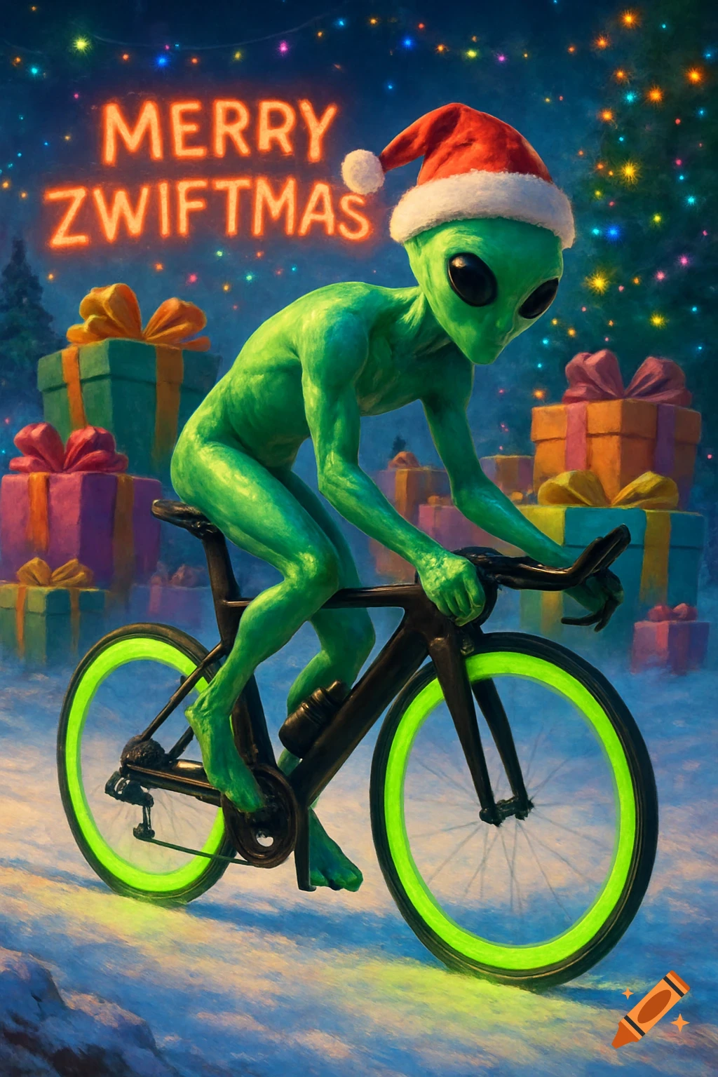 A green alien in a Santa hat rides a black bicycle with glowing green rims through snow, surrounded by Christmas gifts. 'MERRY ZWIFTMAS' text glows above.