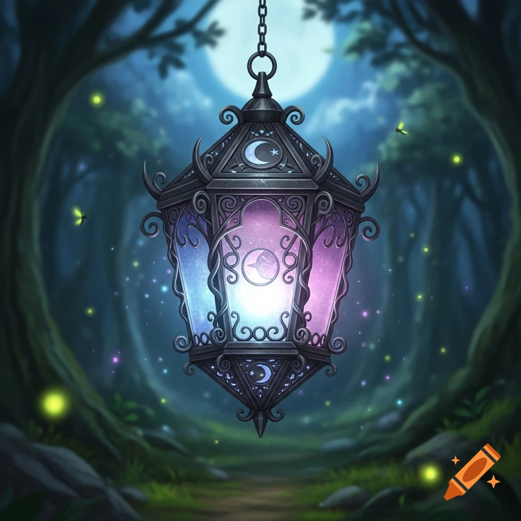 A glowing fantasy lantern with crescent moon designs hangs in a mystical forest at night under a full moon.