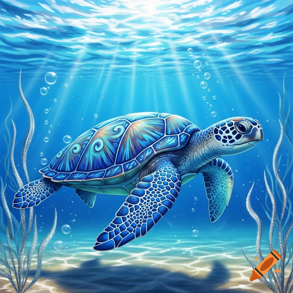 A vibrant blue sea turtle with intricate patterns on its shell swims in bright blue ocean water with sun rays and bubbles.