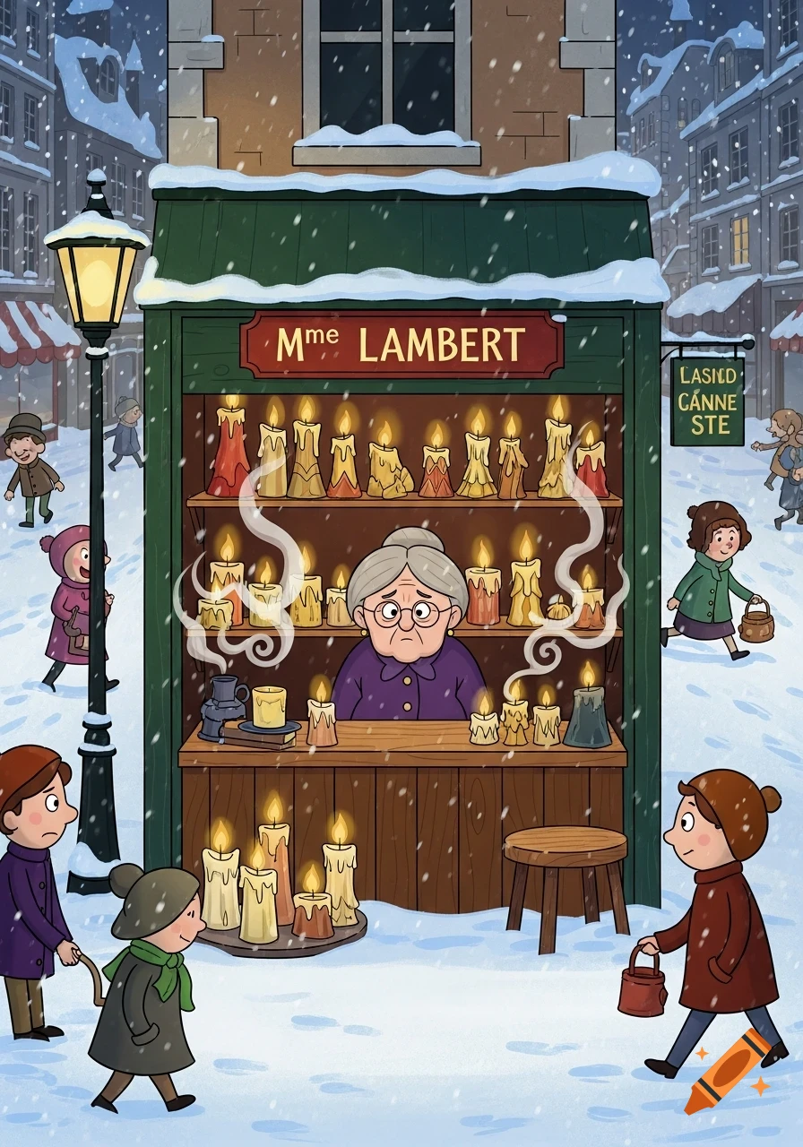 A snowy street scene in a cartoon style, featuring an old woman looking sad behind a candle shop stall. Children walk past in winter clothing while snow falls.