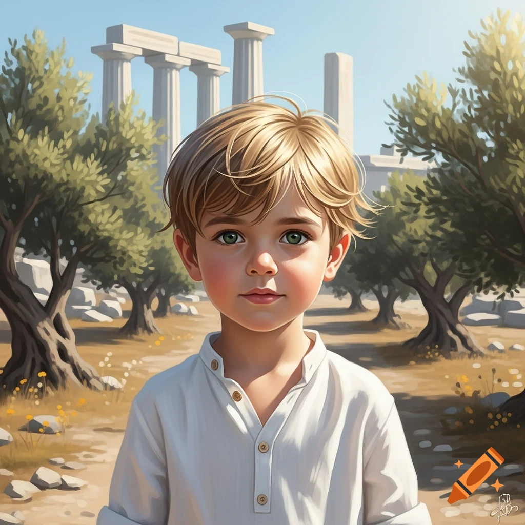 Young boy with blond hair and green eyes in a white shirt, standing in a sunny field with olive trees and ancient Greek ruins, digital painting.