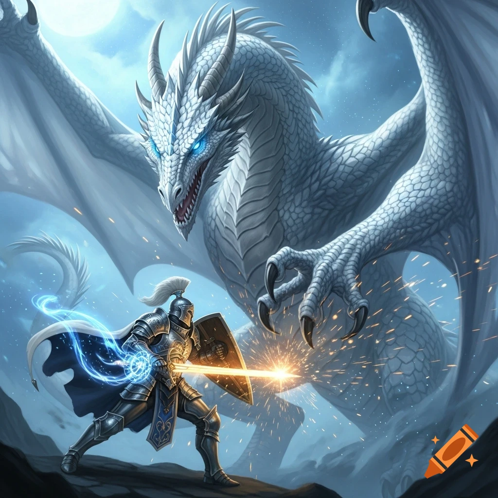 A knight in shining armor battles a towering white dragon with glowing blue eyes, firing energy from his hand and sword against a moonlit sky.