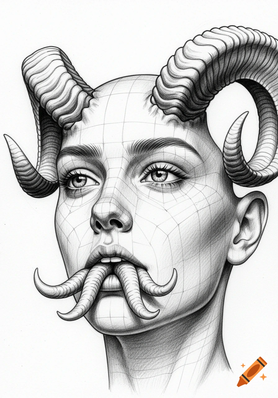 Pencil drawing of a person's head with ram-like horns and tentacles emerging from the mouth, featuring a grid pattern on the skin.