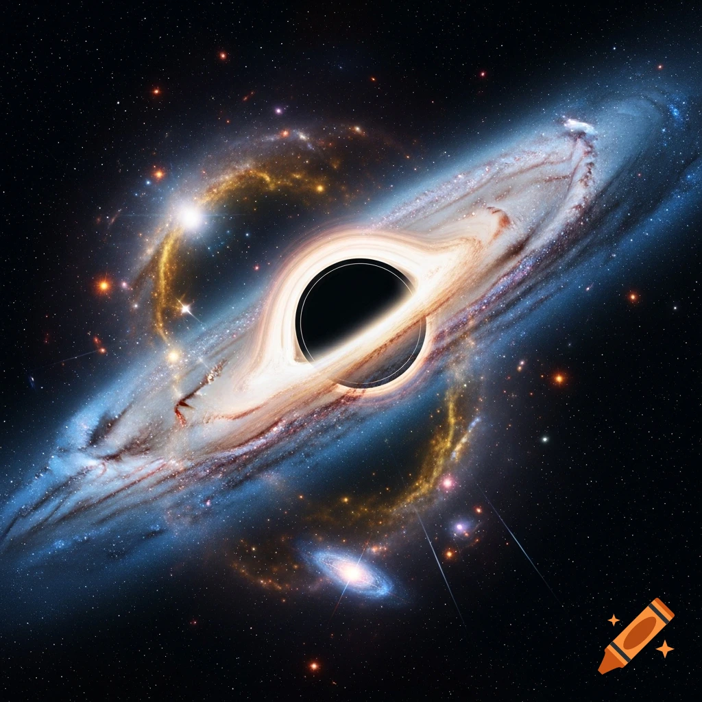 A massive black hole at the center of a glowing spiral galaxy, with colorful stars and nebulae in the dark expanse of space, photorealistic.
