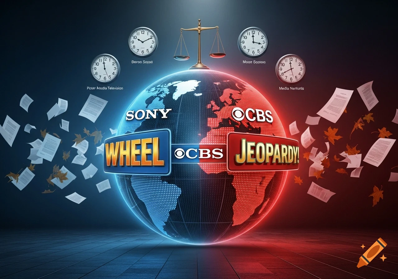 A stylized globe, split blue and red, with "Wheel" and "Jeopardy!" logos, "Sony" and "OCBS" text. Clocks, scales, and flying documents surround it.