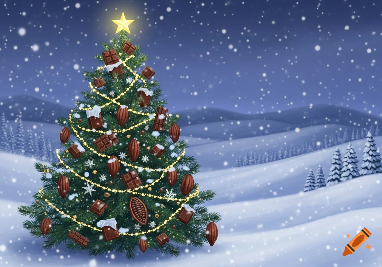 An illustrated Christmas tree decorated with chocolate bars and cocoa beans, topped with a star, in a snowy winter landscape.