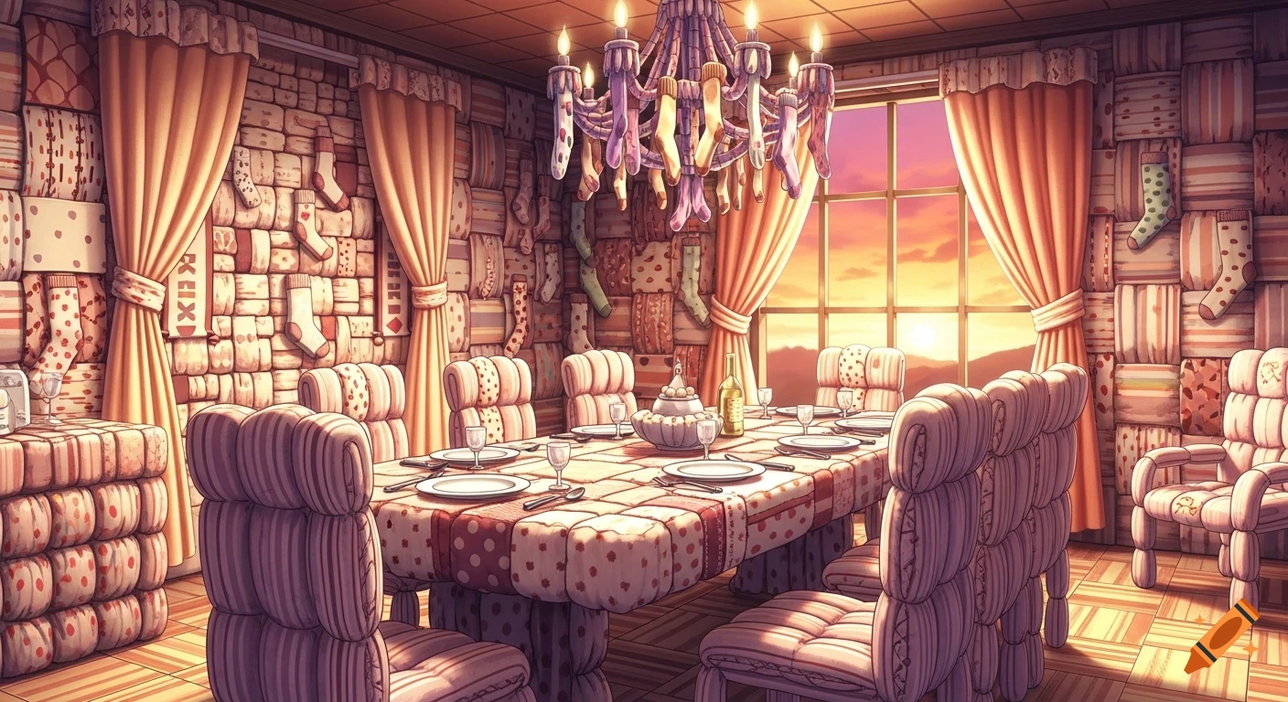 An anime-style dining room where all furniture and walls are made of patterned socks, bathed in warm sunset light.