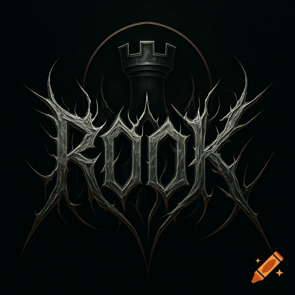 Dark, thorny metal band logo for 'ROOK' with a chess rook tower above, on a black background.