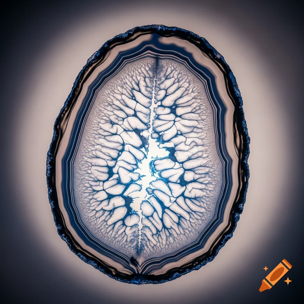 Detailed blue and white agate slice with intricate, vein-like patterns resembling a brain MRI scan, illuminated.