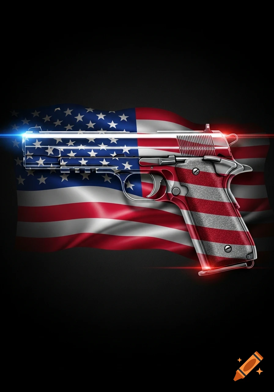A metallic handgun emblazoned with the American flag pattern, set against a dark background with a waving American flag.