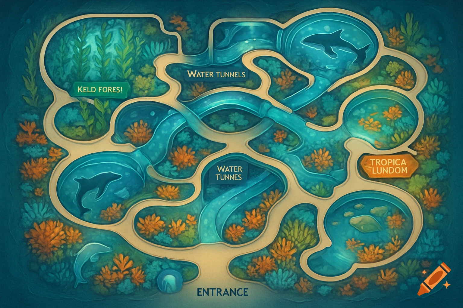 A stylized, colorful map of an aquarium featuring water tunnels, sharks, dolphins, and various plant life.