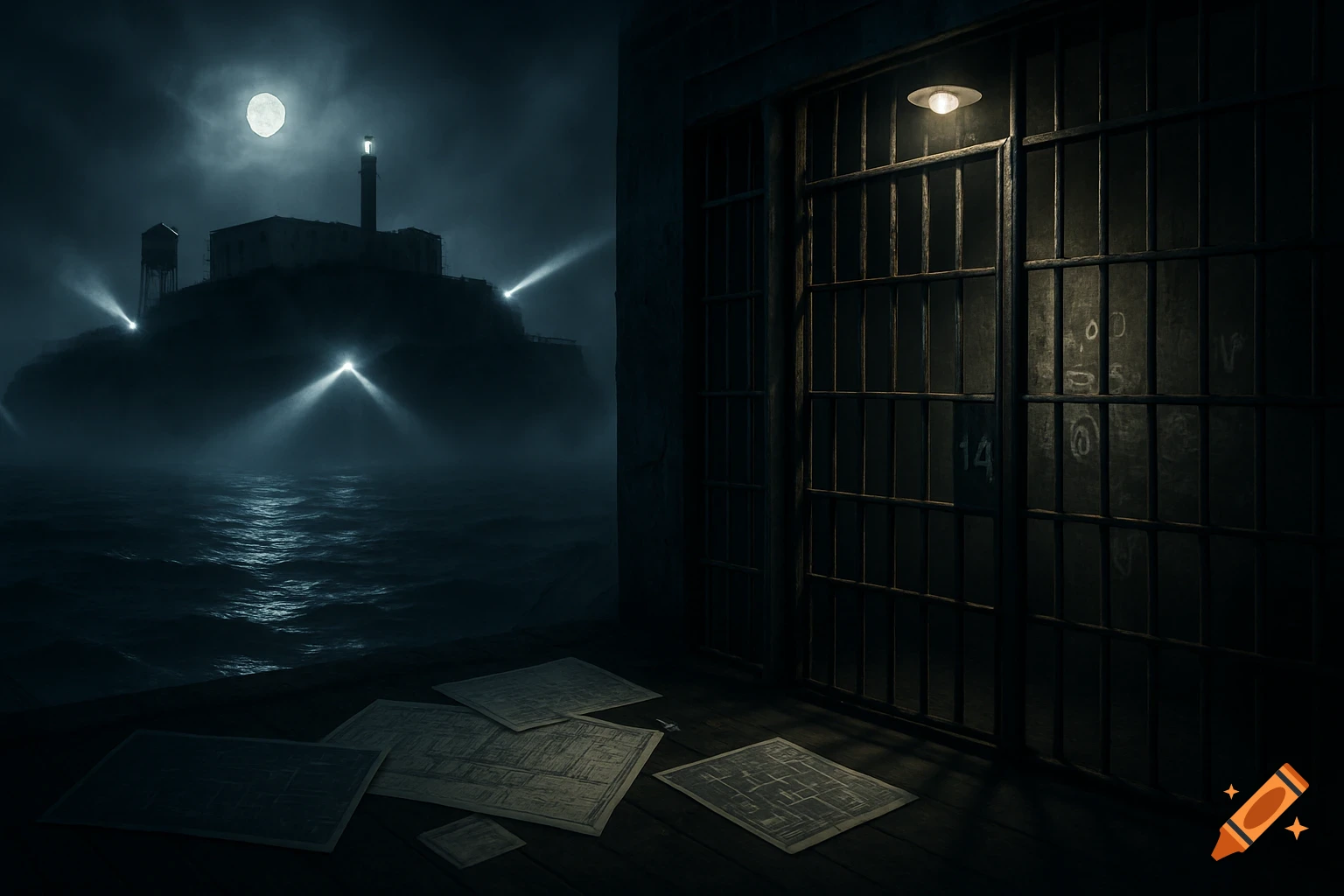 A dark, atmospheric view of Alcatraz at night, shrouded in mist under a full moon, with searchlights piercing the darkness. In the foreground, old blueprints lie on a wooden floor next to a rusty prison cell door, hinting at an escape.