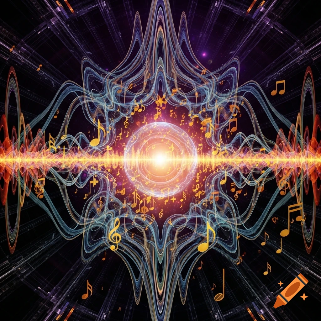 Vibrant abstract digital art showing sound waves, a glowing orb, and musical notes on a dark background.