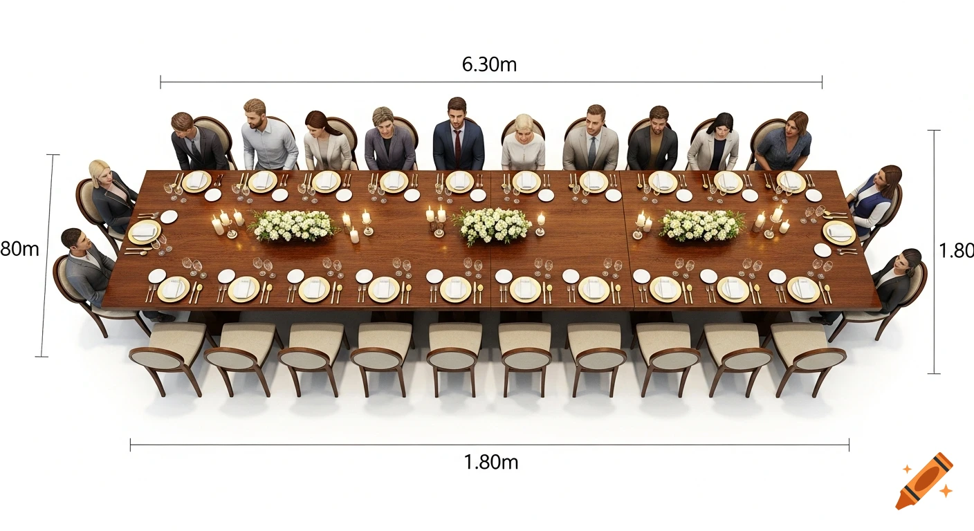 Overhead view of a long, dark wood dining table set for a formal event with people seated, featuring dimensions 6.30m x 1.80m.