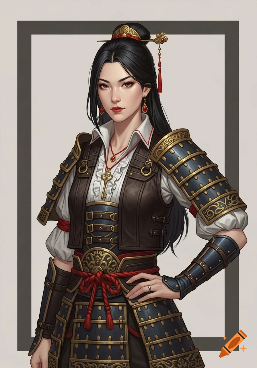 A semi-realistic fantasy illustration of an East-Asian inspired female warrior with black hair, ornate armor, and a calm expression.