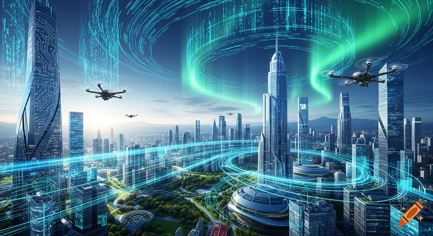 Futuristic cityscape with sleek skyscrapers adorned with digital patterns, drones flying, and glowing blue and green data streams in the sky, evoking AI.