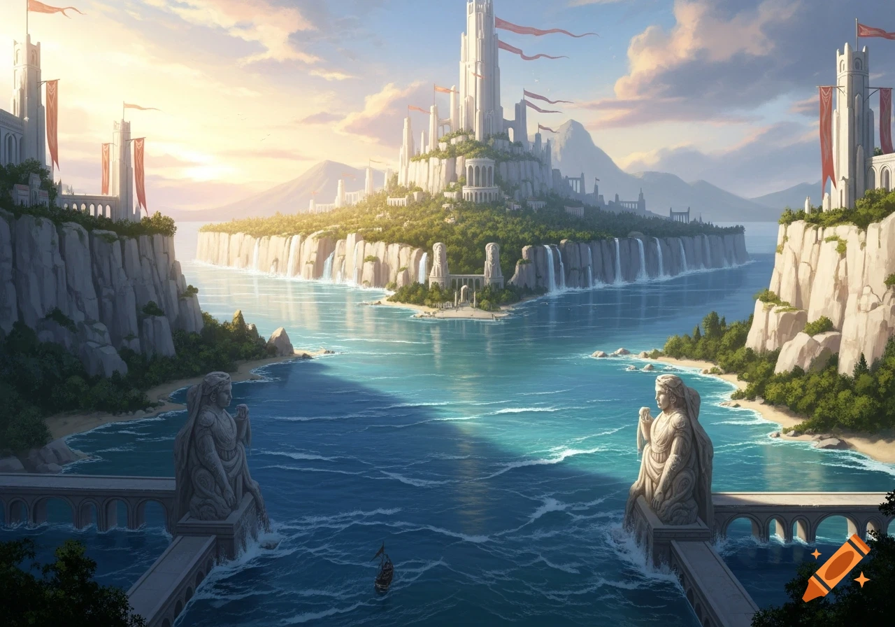 A sprawling white fantasy castle city on an island, surrounded by ...
