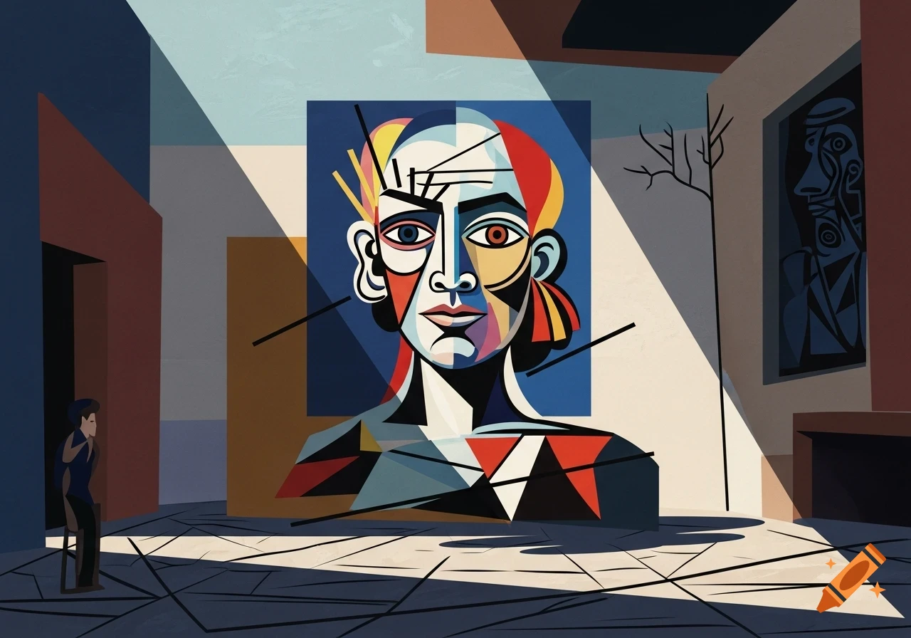 A cubist-style painting of a fragmented human face with geometric shapes and bold colors is displayed in an art gallery.