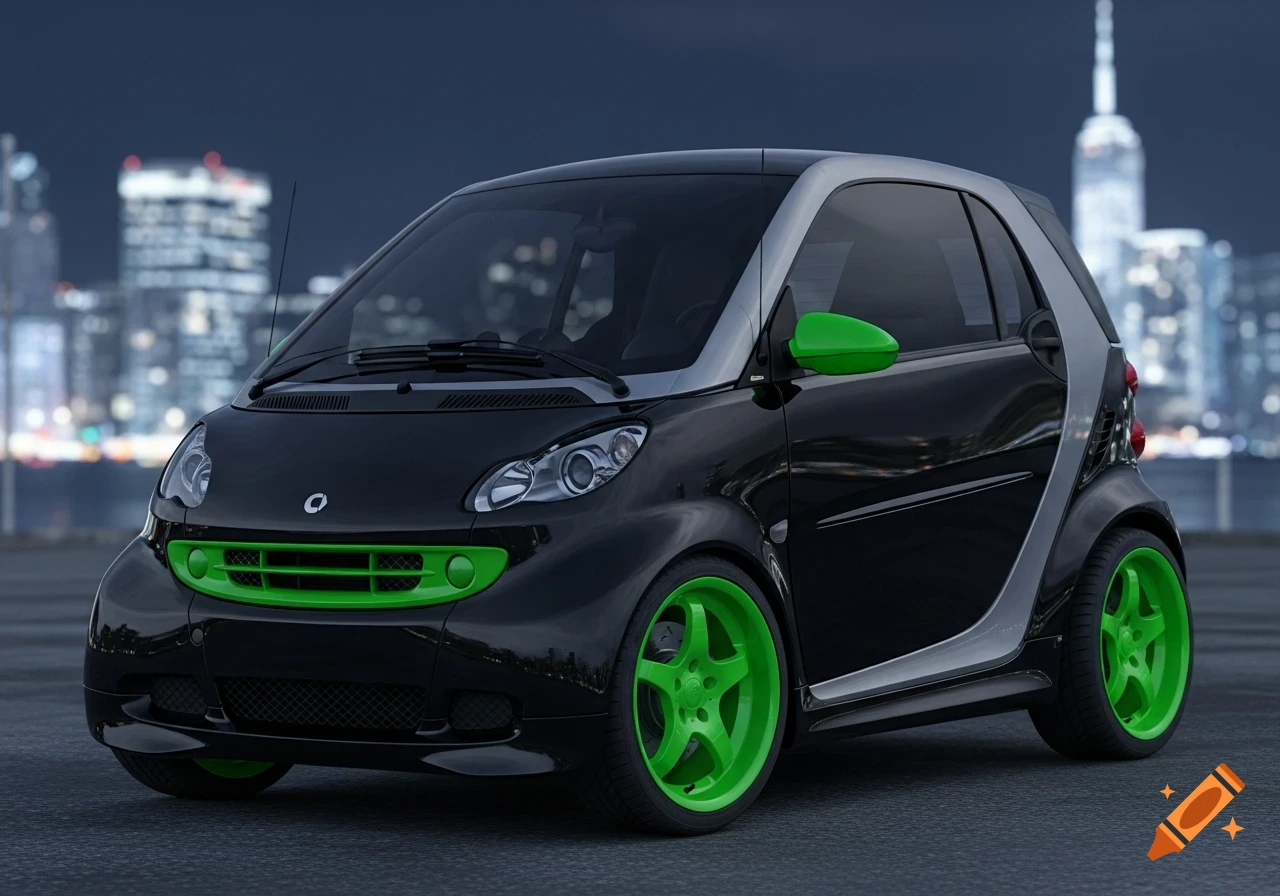 A black Smart Car with bright green wheels, grille, and side mirrors, parked on a textured surface with a blurred city skyline at night in the background.