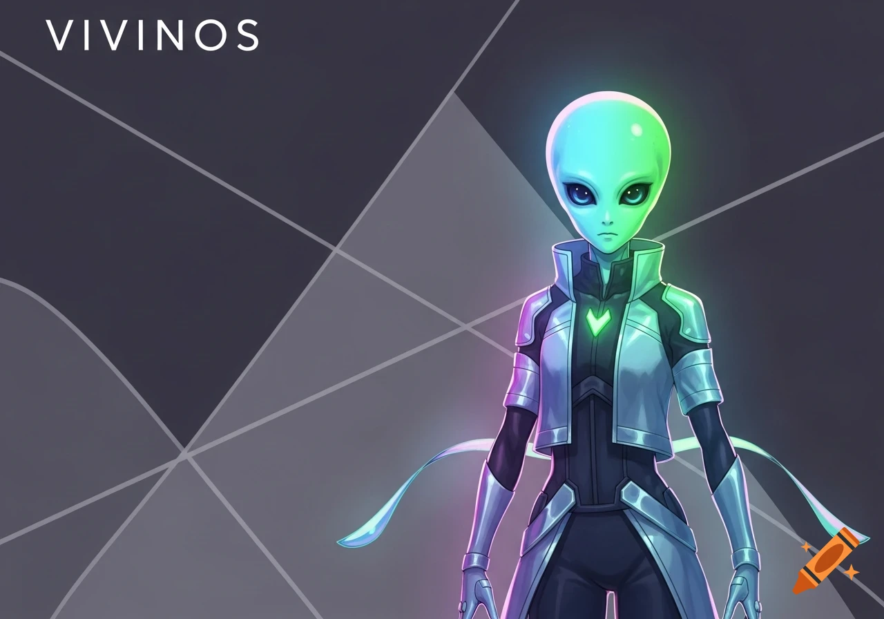Anime-style alien with glowing blue-green skin and large eyes, wearing futuristic silver and black clothing, against a dark geometric background.