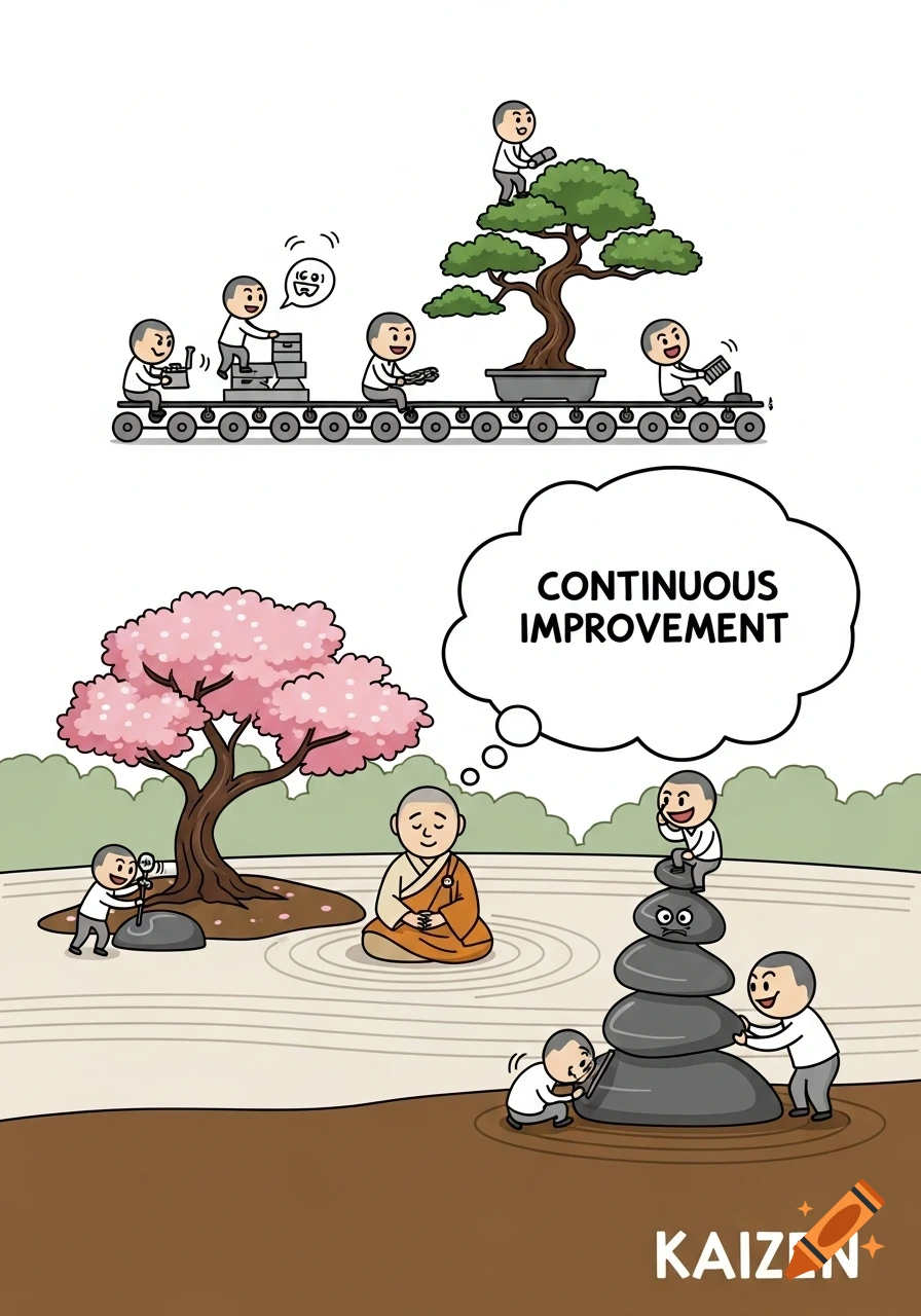 A minimalist cartoon illustrating Kaizen. Small figures tend a bonsai on a conveyor belt and stack rocks in a zen garden. Text: 'CONTINUOUS IMPROVEMENT', 'KAIZEN'.