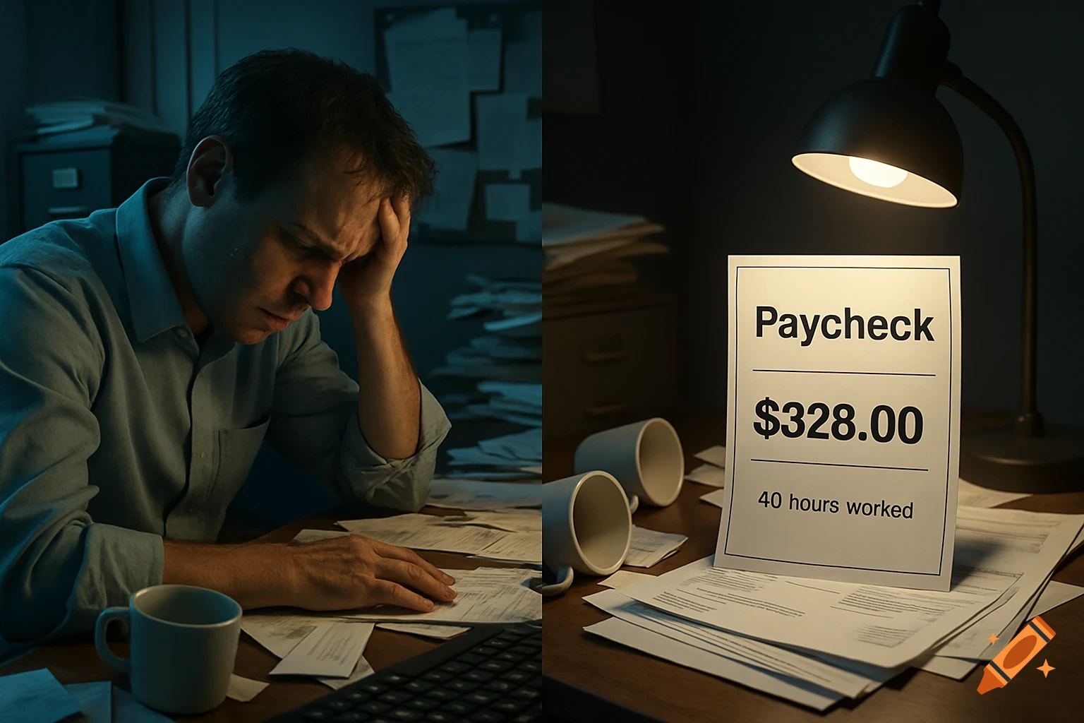 A stressed man sits at a messy office desk at night, looking at a paycheck for $328.00 after 40 hours worked.