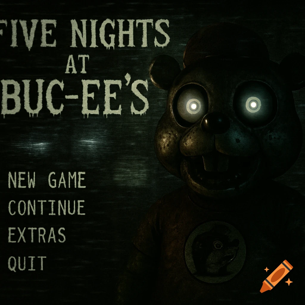 A dark, staticky horror video game menu featuring a glowing-eyed animatronic Buc-ee's mascot, with game options listed.