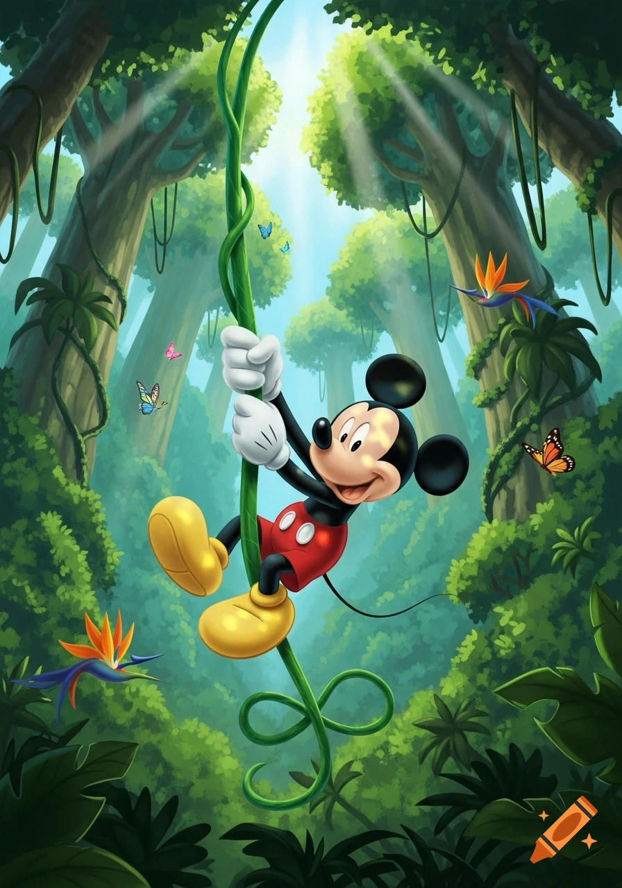 Mickey Mouse swings from a green vine in a lush, sunlit jungle with butterflies and tropical flowers.
