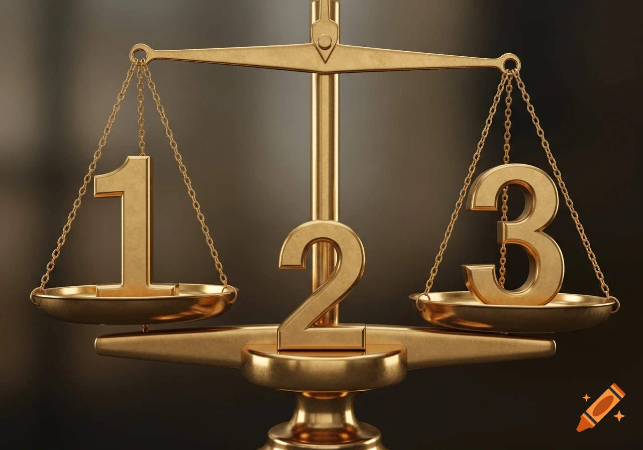 A golden balance scale with number 1 on the left, number 3 on the right, and number 2 in the middle.