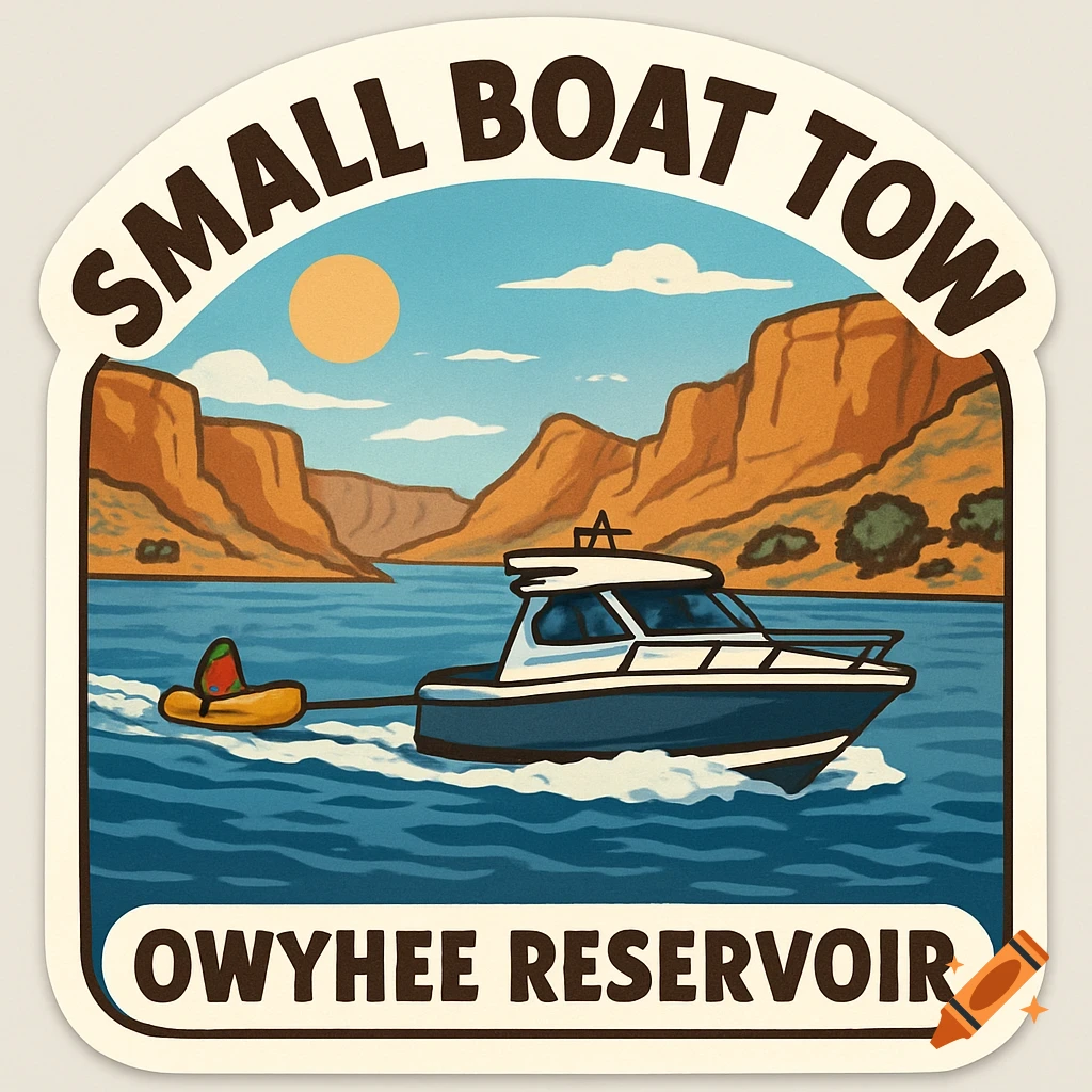 An illustration in the style of a vintage travel sticker shows a motorboat towing a yellow inflatable kayak on Owyhee Reservoir with desert mountains and a sun. Text reads "SMALL BOAT TOW" and "OWYHEE RESERVOIR".