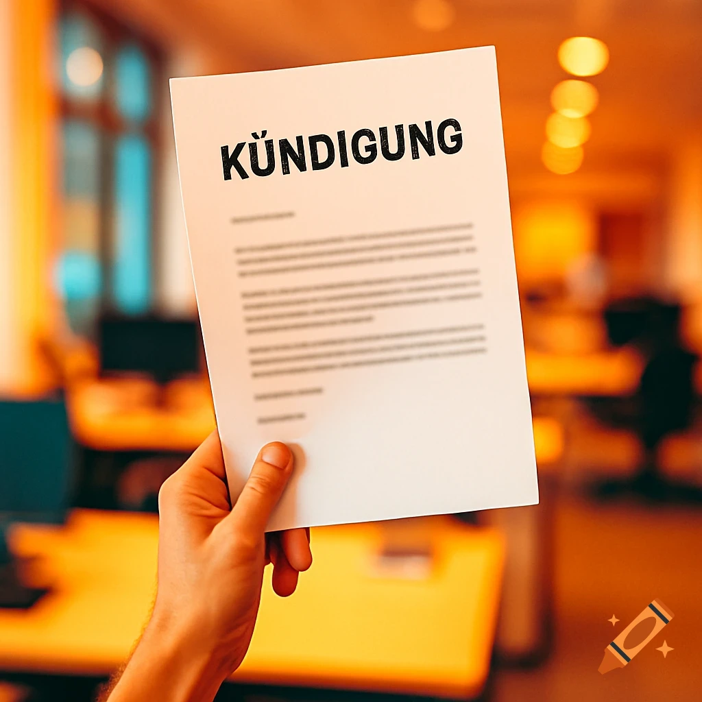 A hand triumphantly holds a document with "KÜNDIGUNG" (termination) written on it, against a blurred, warm-toned office background.