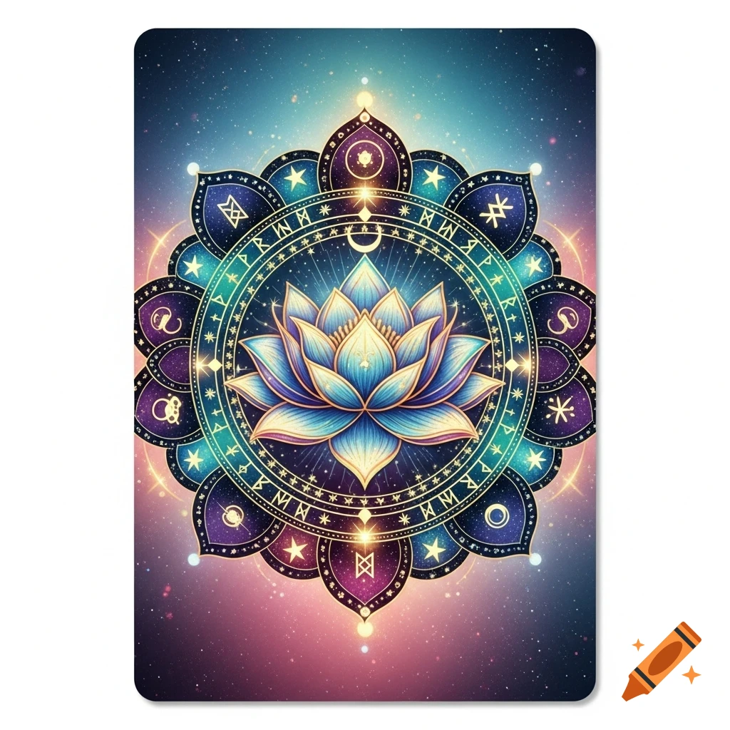 A vibrant blue and purple lotus mandala with intricate gold patterns and mystical symbols, set against a sparkling cosmic background.
