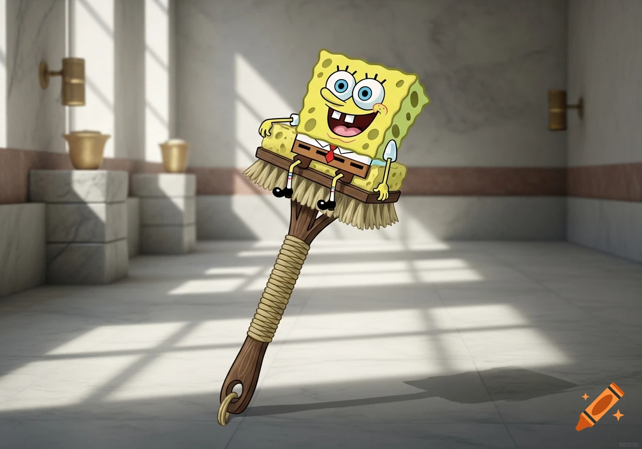 Spongebob SquarePants, with a wide smile, sits on a large wooden brush in a bright, clean room with marble floors and sunlit shadows.